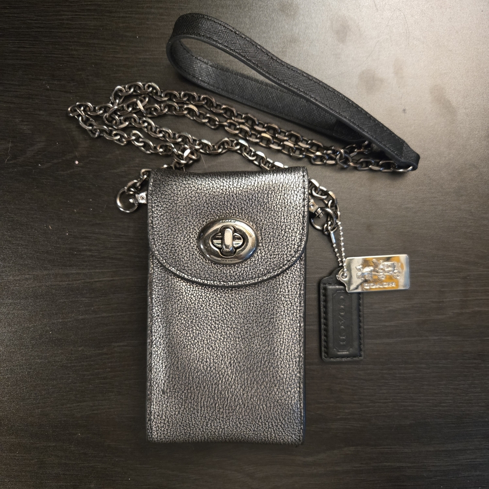 Coach Metallic Gunmetal Mini Turnlock Crossbody Phone Purse